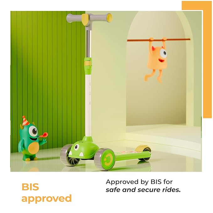 Lifelong Kids Scooter with LED PU Wheels – 4-Level Adjustable Height, Tilt-to-Turn Steering, BIS Certified, 50kg Capacity (Green & Yellow)