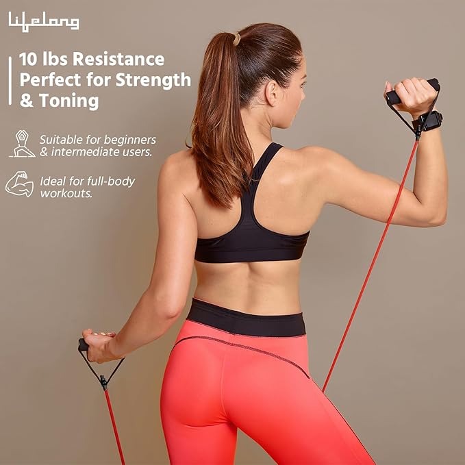 Lifelong Resistance Tube – 10KG Light Resistance, Foam Grip Exercise Band with Door Anchor (Red)