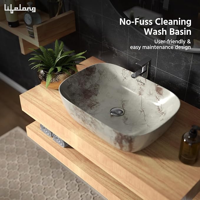 Ceramic Tabletop Wash Basin – Glossy Round Countertop Sink (White Brown)