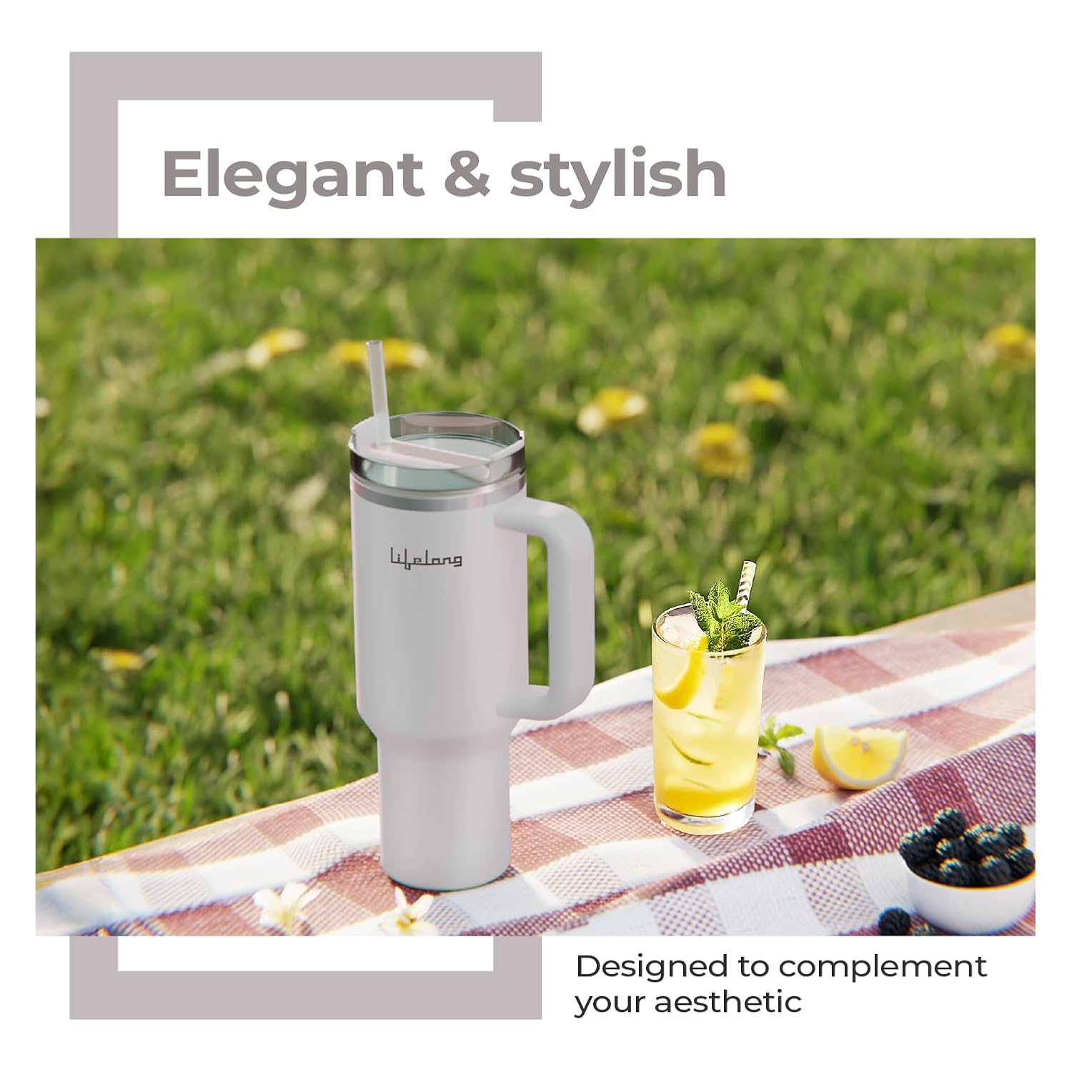 Lifelong Double-Walled Vacuum Insulated Tumbler with Lid & Straw 1200ml|Keeps Drinks Hot for 8 Hours & Cold for 12 Hours| Durable Stainless SteelTumbler with Comfort-Grip Handle(LLTBR010,Almond Birch)