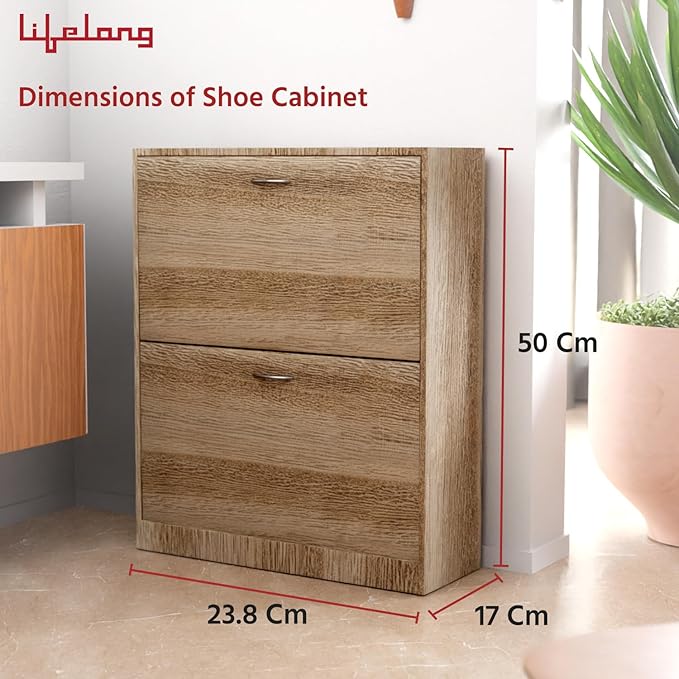 Lifelong Wooden Shoe Rack – 2 Flip Drawer Space-Saving Organizer, Oak Finish