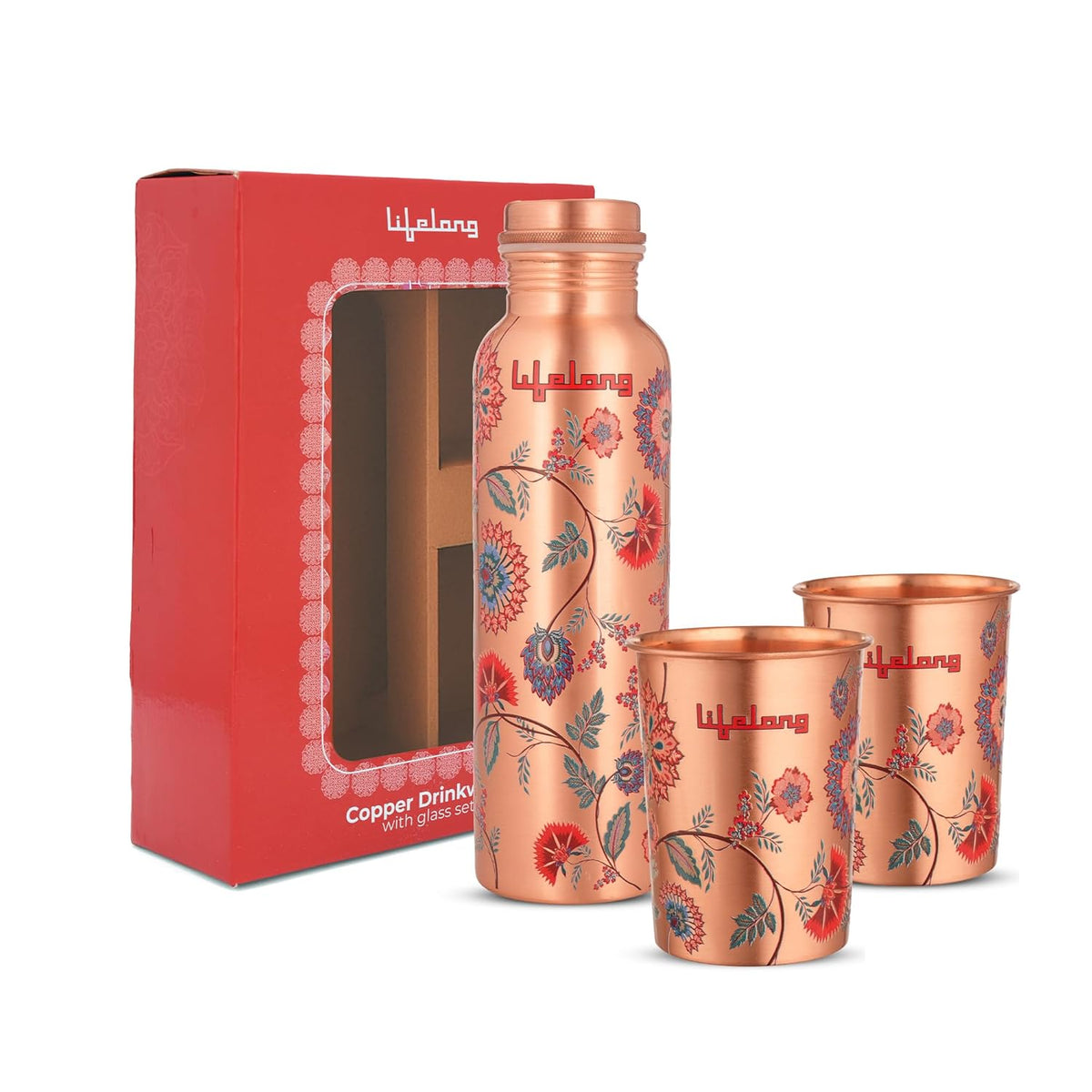 Lifelong 950 ml Copper Water Bottle with Glass Set of 2 | Natural Alkaline Water | Leakproof & Lightweight Design Boosts Immunity | Anti-Bacterial, BPA Free, Secure Cap for School, Travel, Gym & Work Artistic & Elegant