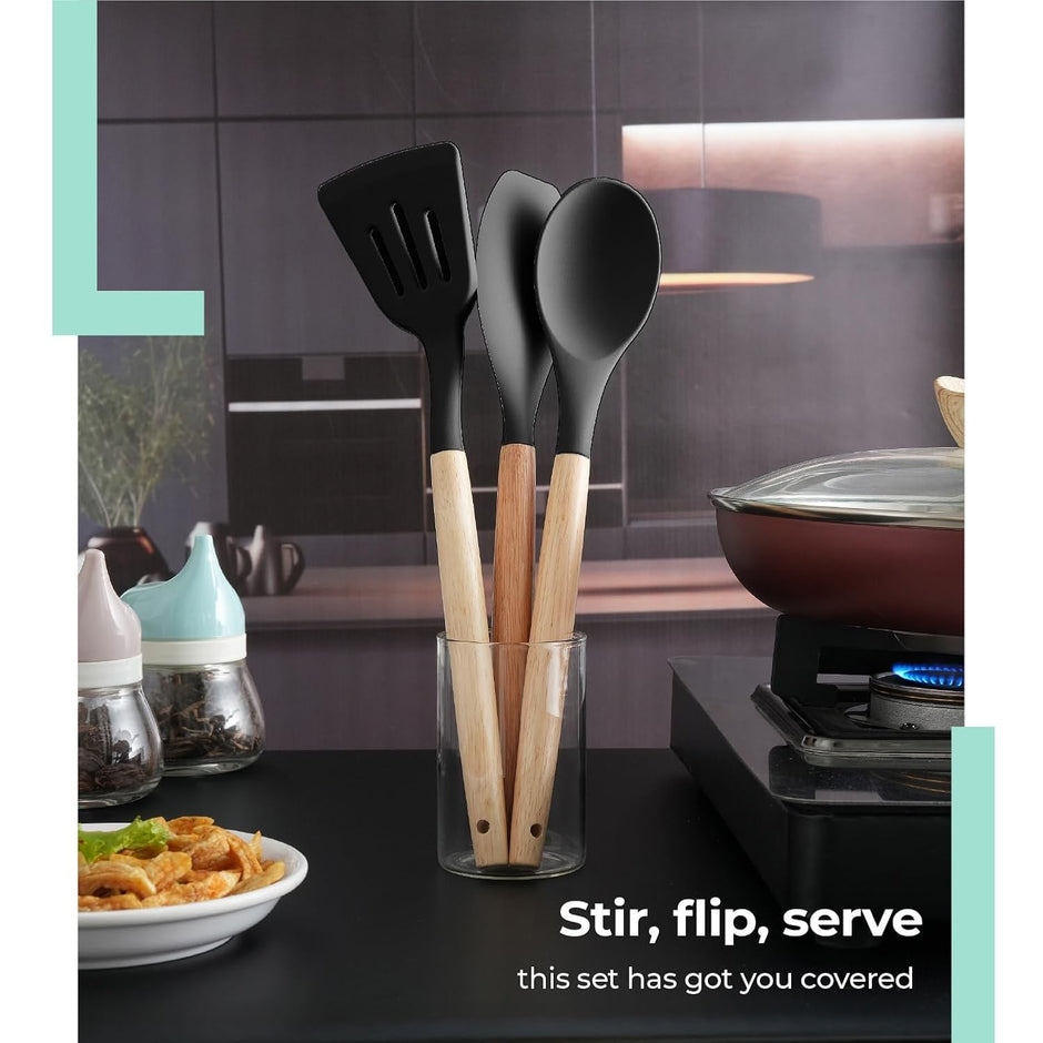 Lifelong Non-Stick Silicone Spatula Set | Set of 3-Spoon Spatulas, Slotted Turner, and Soup Ladle | Dishwasher Safe, Silicone Spatulas with Wooden Handle for Serving & Cooking | (LLCTSLW03,Black)
