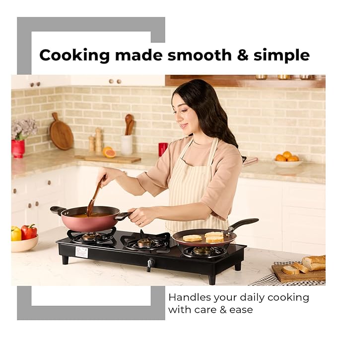 3 Burner Glass Gas Stove with Free Gas Saver – ISI Certified, LPG Compatible