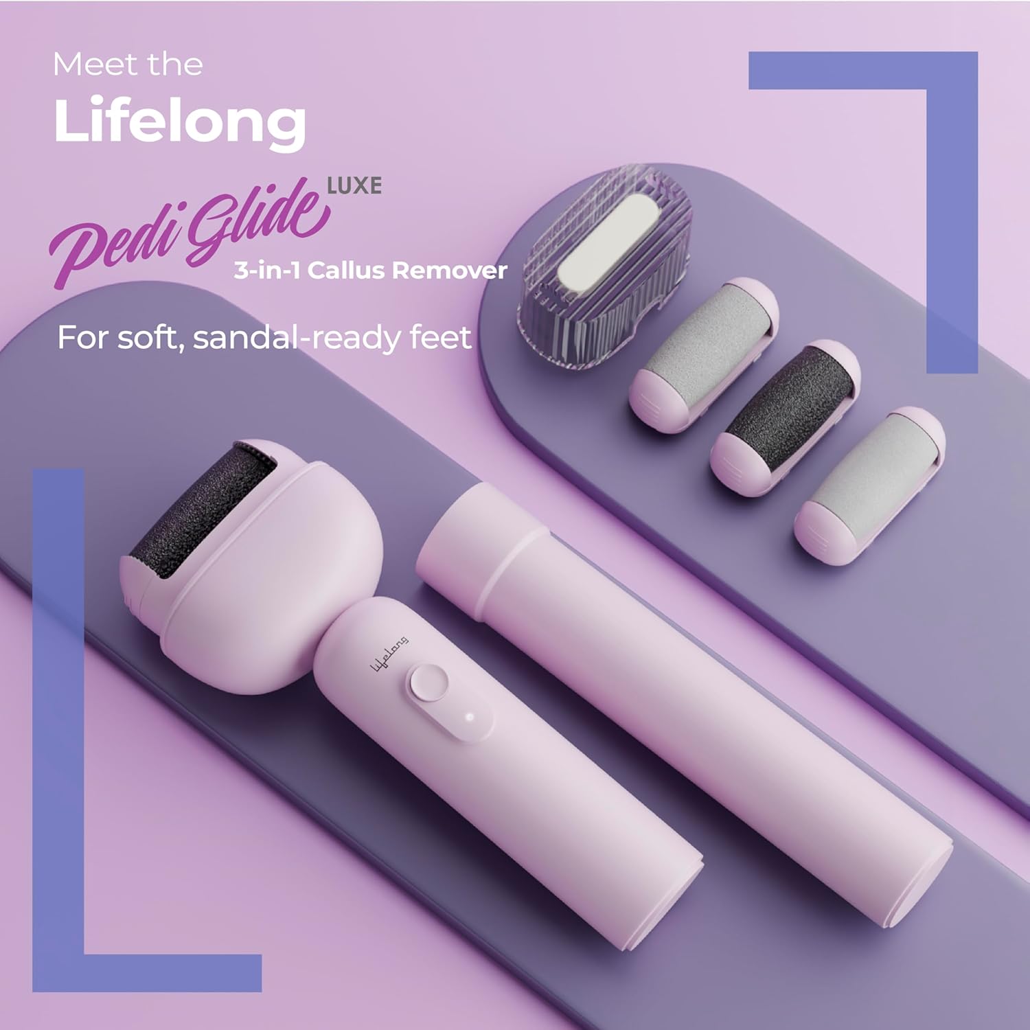 Lifelong PediGlide Luxe Electric Callus Remover for Feet | Waterproof Pedicure Machine with 3 Roller Heads, 2 Speeds, Type-C Charging & Focus Light