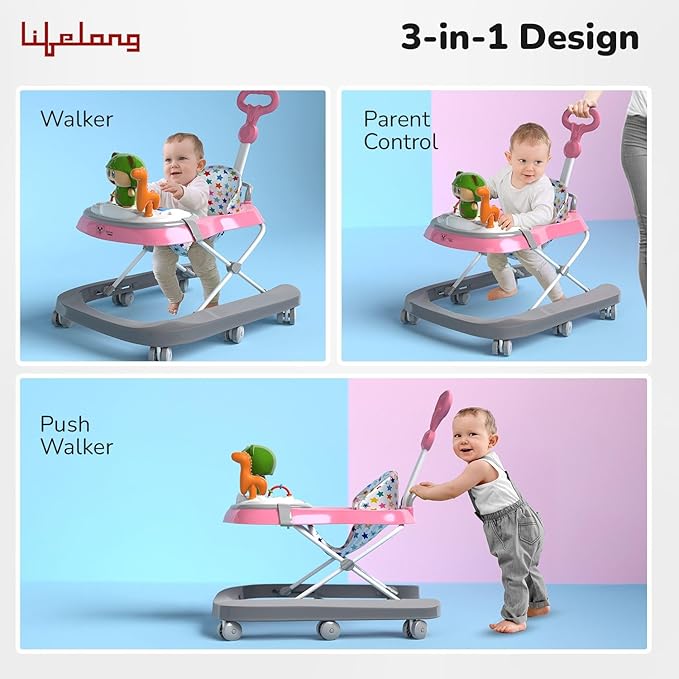 Lifelong Cuppy 3-in-1 Baby Walker for 6-18 Months | Adjustable Height Baby Walker with Parental Handle | Musical Piano, Feeding Tray & Soft Padded Seat