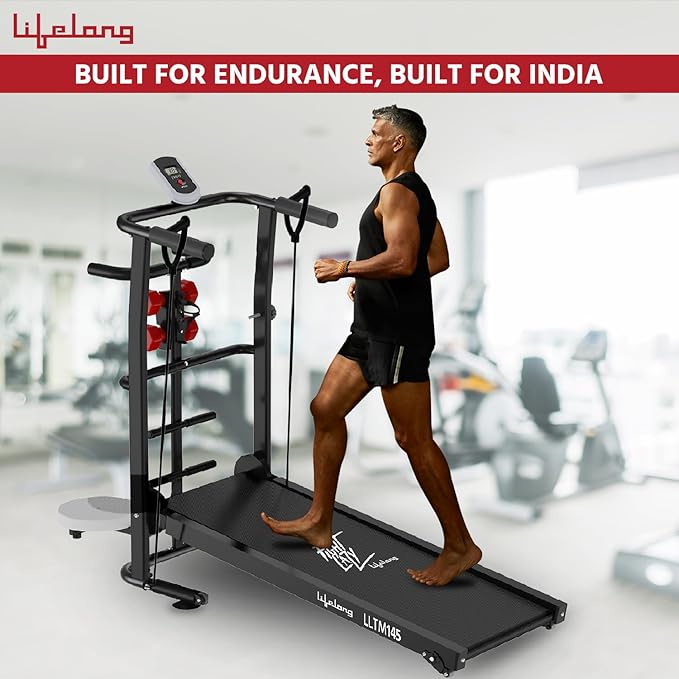 Lifelong LLTM145 Manual Multifunction Treadmill (Jogger, Twister, dumbbells holder, bottle holder), 2Level Manual Incline