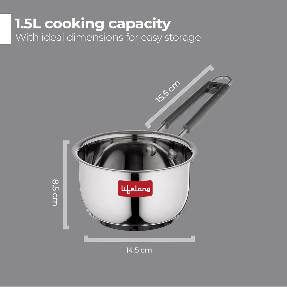 Lifelong Stainless Steel Heavy Bottom Saucepan with Glass Lid | 18cm, 2.25 L | Induction & Gas Stove Compatible | Saucepan with Handle & Knobs | Tea, Milk-Boiling Pot (LLSSP18, Silver), 2250 ml