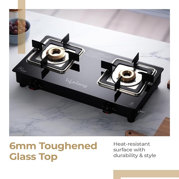 Lifelong 2 Burner Glass Gas Stove – Square Pan Support, ISI Certified, Black