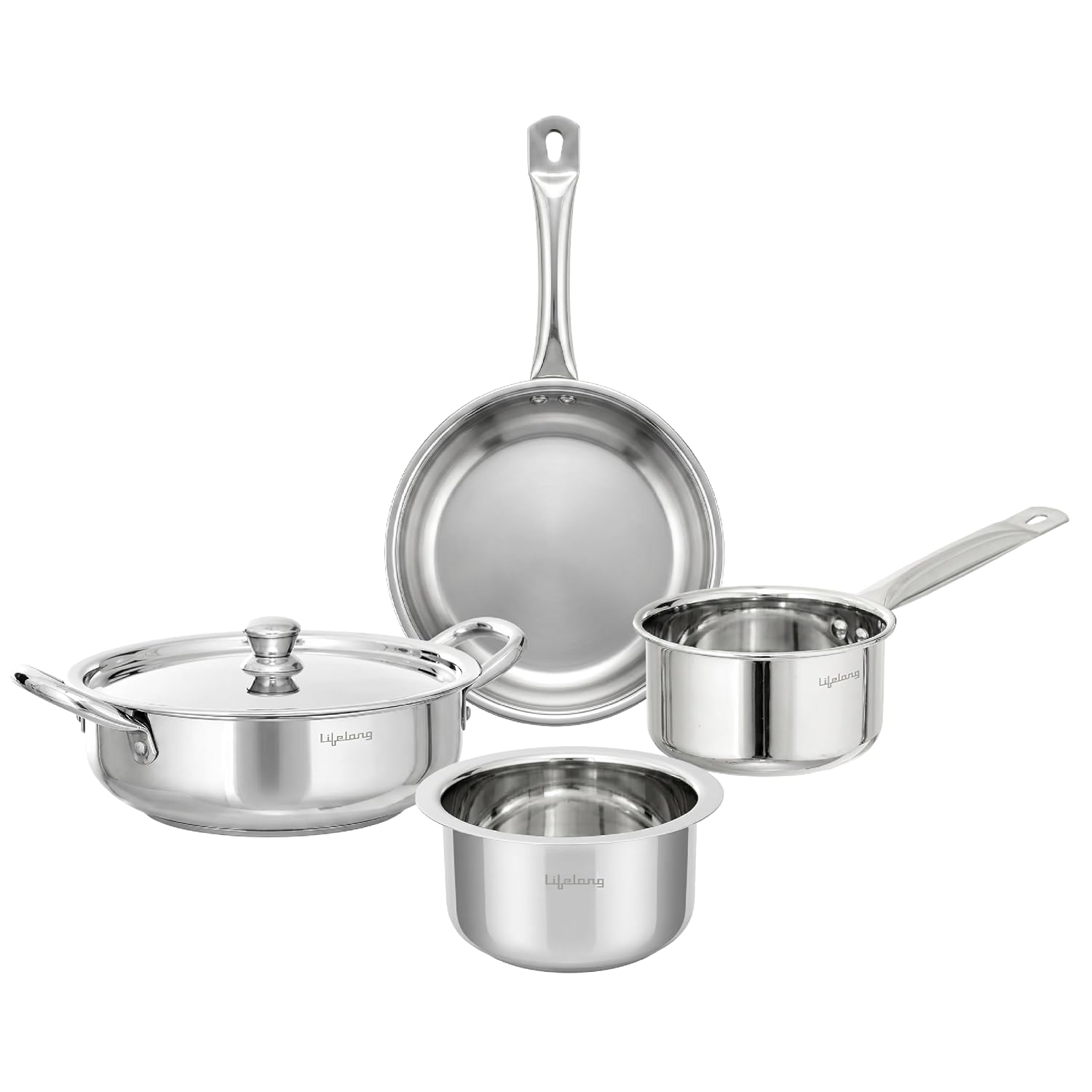 Lifelong Stainless Steel Cookware Set of 5 | Kadhai (2.2L), Fry Pan (1.4L), Saucepan (1.2L), Tope (1.4L) with SS Lid