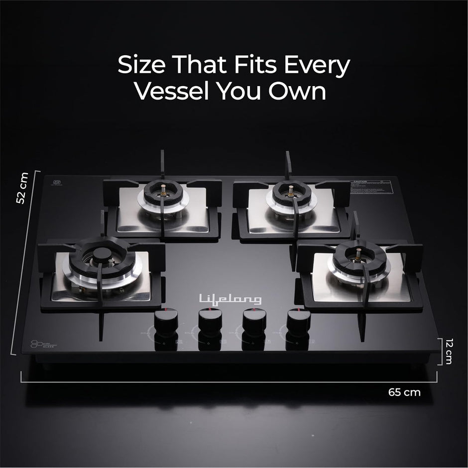 Lifelong 4 Burner Built-In Hob | 8mm Thick Toughened Glass | 360° Multidirectional Gas Inlet
