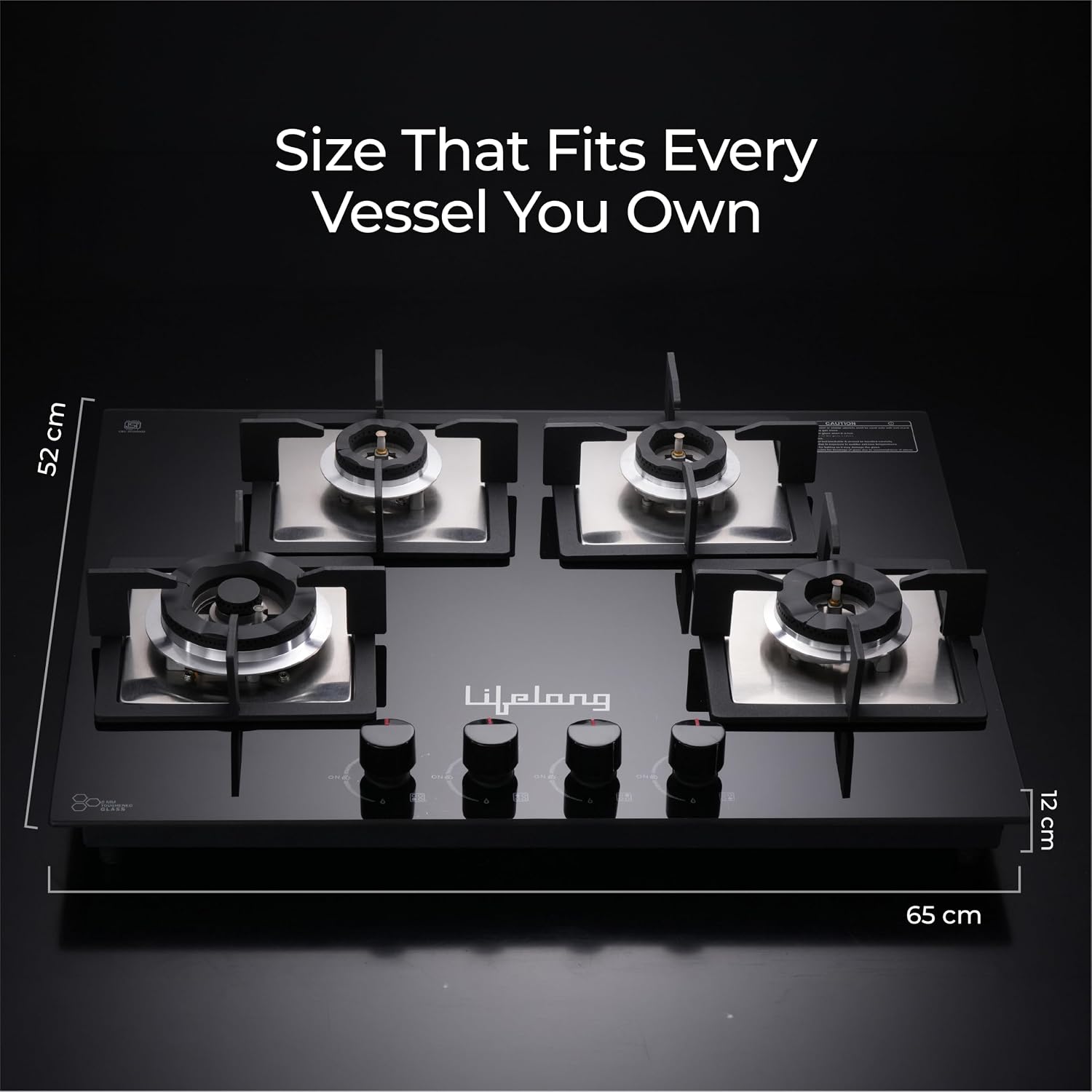 Lifelong 4 Burner Built-In Hob | 8mm Thick Toughened Glass | 360° Multidirectional Gas Inlet