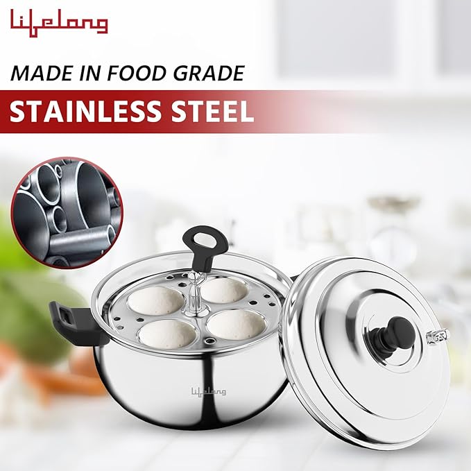 Lifelong Stainless Steel Idli Cooker – 3 Plate Idli Maker (Makes 12 Idlis), Induction & Gas Stove Compatible
