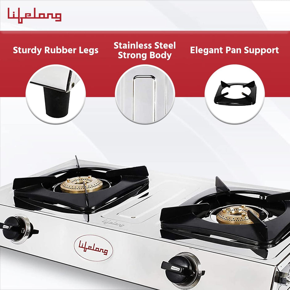 Lifelong 2 Burner Gas Stove Top for Kitchen - Manual Ignition Cooktop with Stainless Steel for Kitchen, ISI Certified & Compatible with LPG - 1 Year Manufacturer's (Silver, LLGS991)