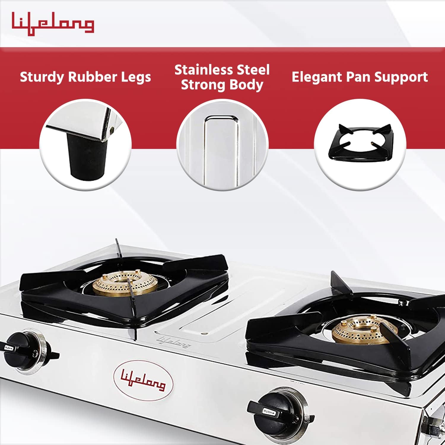 Lifelong 2 Burner Gas Stove Top for Kitchen - Manual Ignition Cooktop with Stainless Steel for Kitchen, ISI Certified & Compatible with LPG - 1 Year Manufacturer's (Silver, LLGS991)