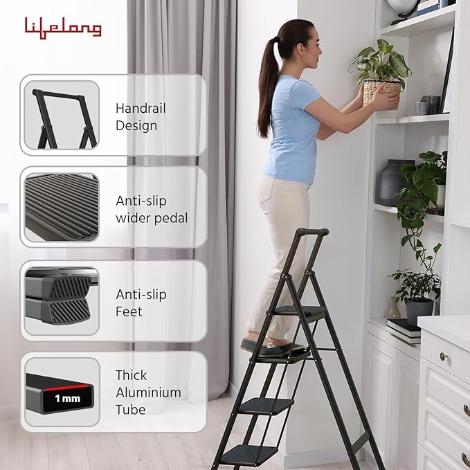 Lifelong 4 Step Steel Ladder with Handle, Foldable Portable Stool for Home, Kitchen & Office Use