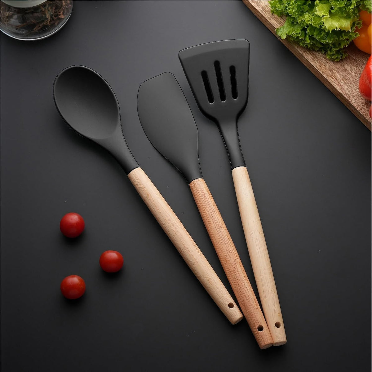 Lifelong Non-Stick Silicone Spatula Set | Set of 3-Spoon Spatulas, Slotted Turner, and Soup Ladle | Dishwasher Safe, Silicone Spatulas with Wooden Handle for Serving & Cooking | (LLCTSLW03,Black)