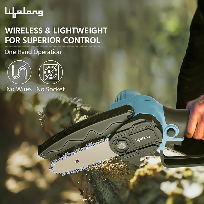 Lifelong Cordless Mini Chainsaw – 21V Battery Powered One-Hand Chainsaw for Wood Cutting, Tree Trimming & Gardening (Lightweight, Portable)