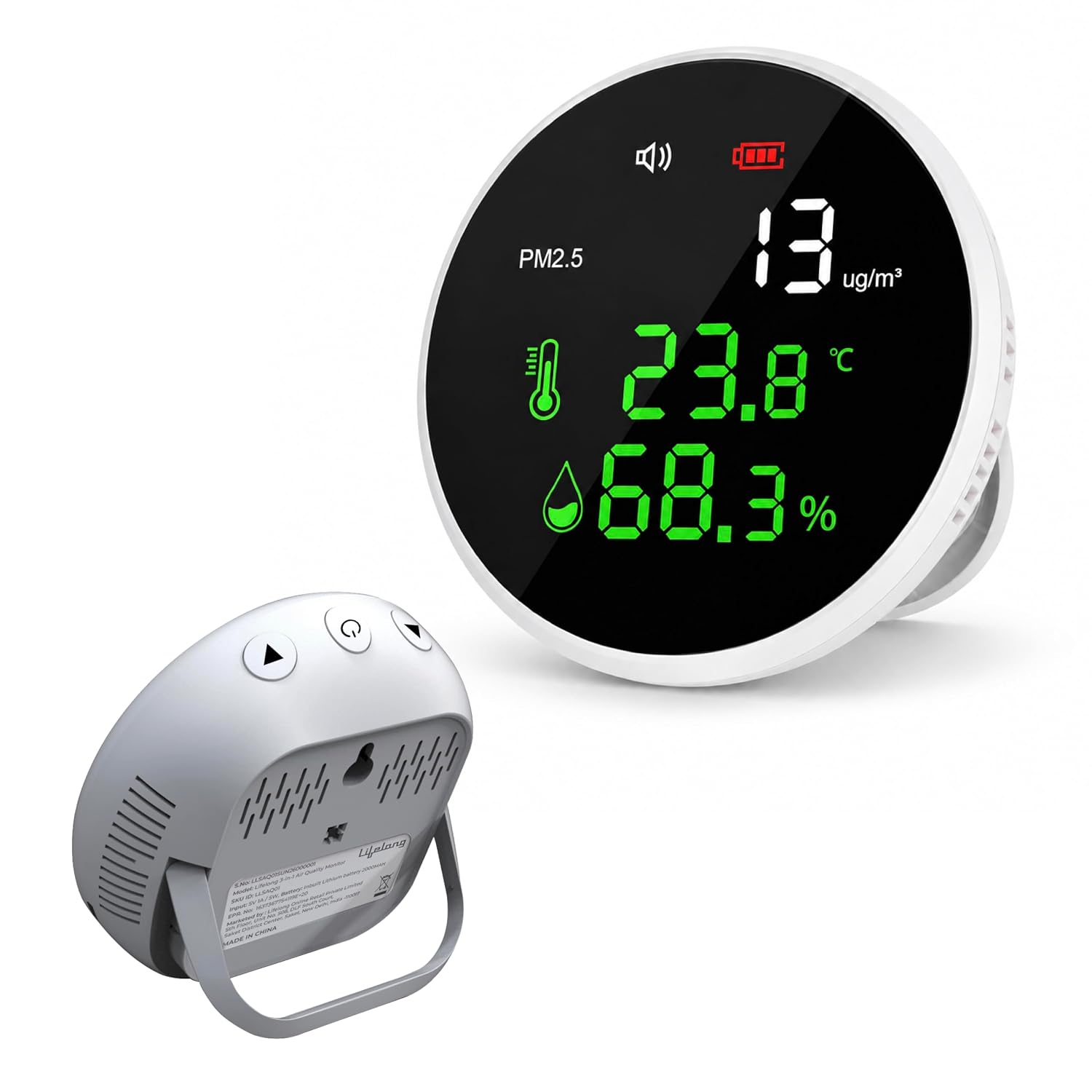 Lifelong 3-in-1 Air Quality Monitor – High-Accuracy Laser Sensor for PM2.5, Temperature & Humidity