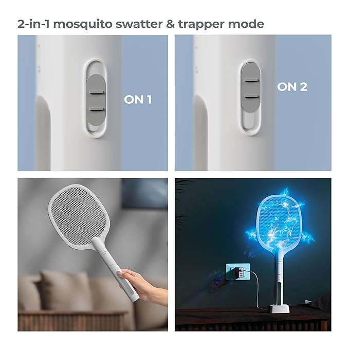Lifelong 2-in-1 Foldable Electric Mosquito Racket – Rechargeable 1200mAh Bat with UV Light Trap, Type-C Charging & Base Stand