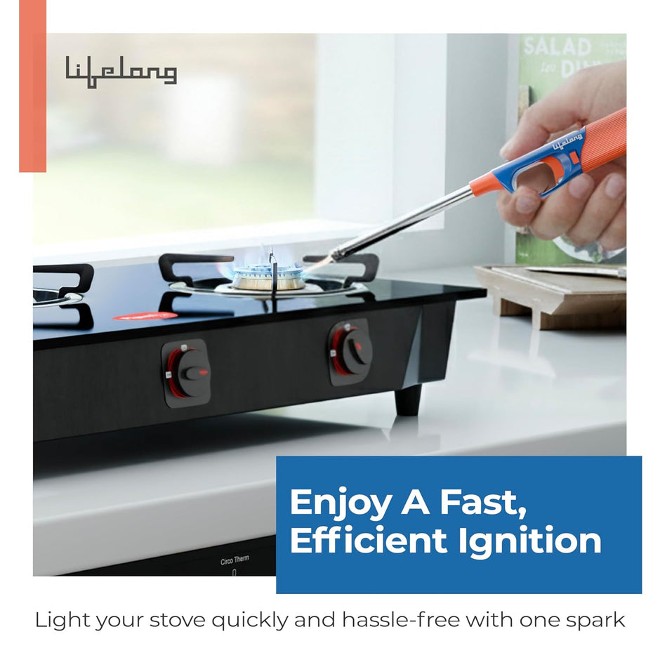 Lifelong Refillable Flame Lighter for Kitchen | Adjustable Flame Control with Child Safety Lock | Multipurpose Lighter for Gas Stove, Diya, Candle, BBQ Grill, Bonfire & Camping (SS & ABS, Orange)