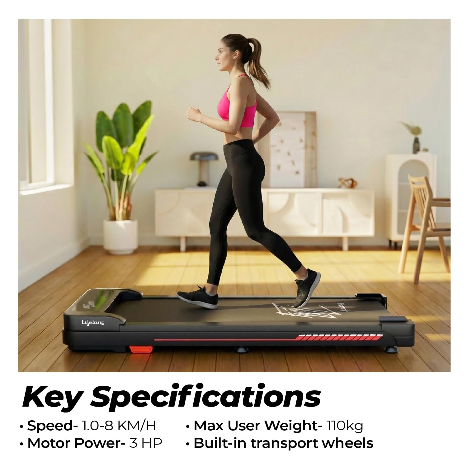 Lifelong Walking Pad for Home |3HP Motor | 2-Level Manual Incline | LED Display & Remote Control | Foldable Treadmill| 110Kg Capacity | 8 Km/h Speed | Gym Equipment for Home Workout