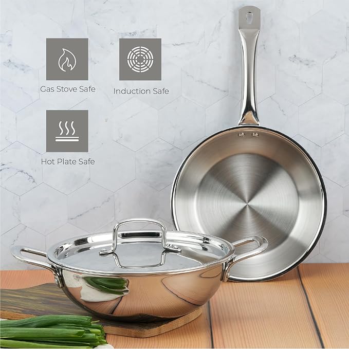 Lifelong Triply Cookware Combo – 24cm Fry Pan (1.5L) & 24cm Kadhai (2.5L) with Steel Lids, Soft Touch Handles, Induction & Gas Compatible (Silver, 2 Pcs)