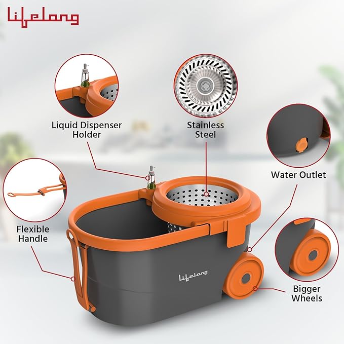 Lifelong 12L Spin Floor Mop Set with 360° Bucket & Microfiber Refills (Orange)