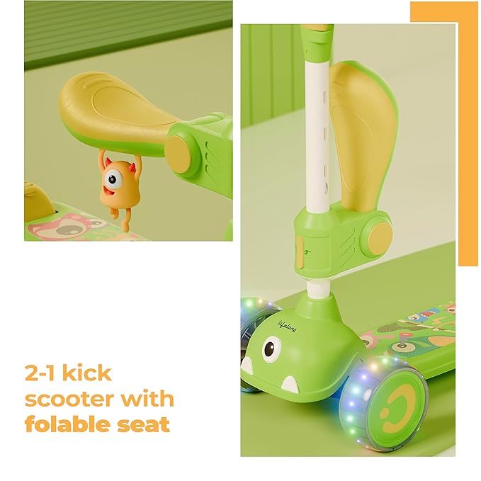 Lifelong Kids Scooter with Foldable Seat – LED PU Wheels, 4-Level Adjustable Height, BIS Certified, 50kg Capacity (Green & Yellow)