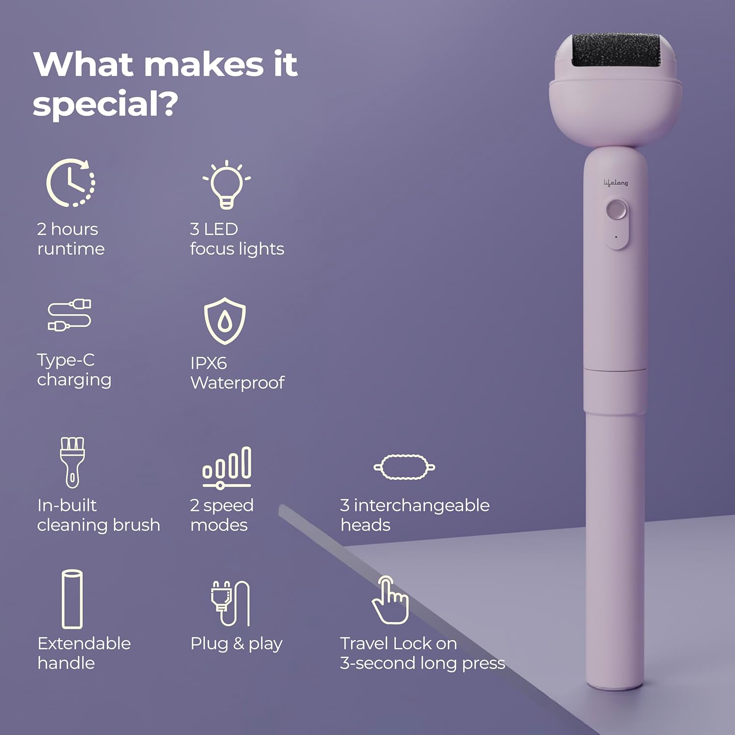Lifelong PediGlide Luxe Electric Callus Remover for Feet | Waterproof Pedicure Machine with 3 Roller Heads, 2 Speeds, Type-C Charging & Focus Light