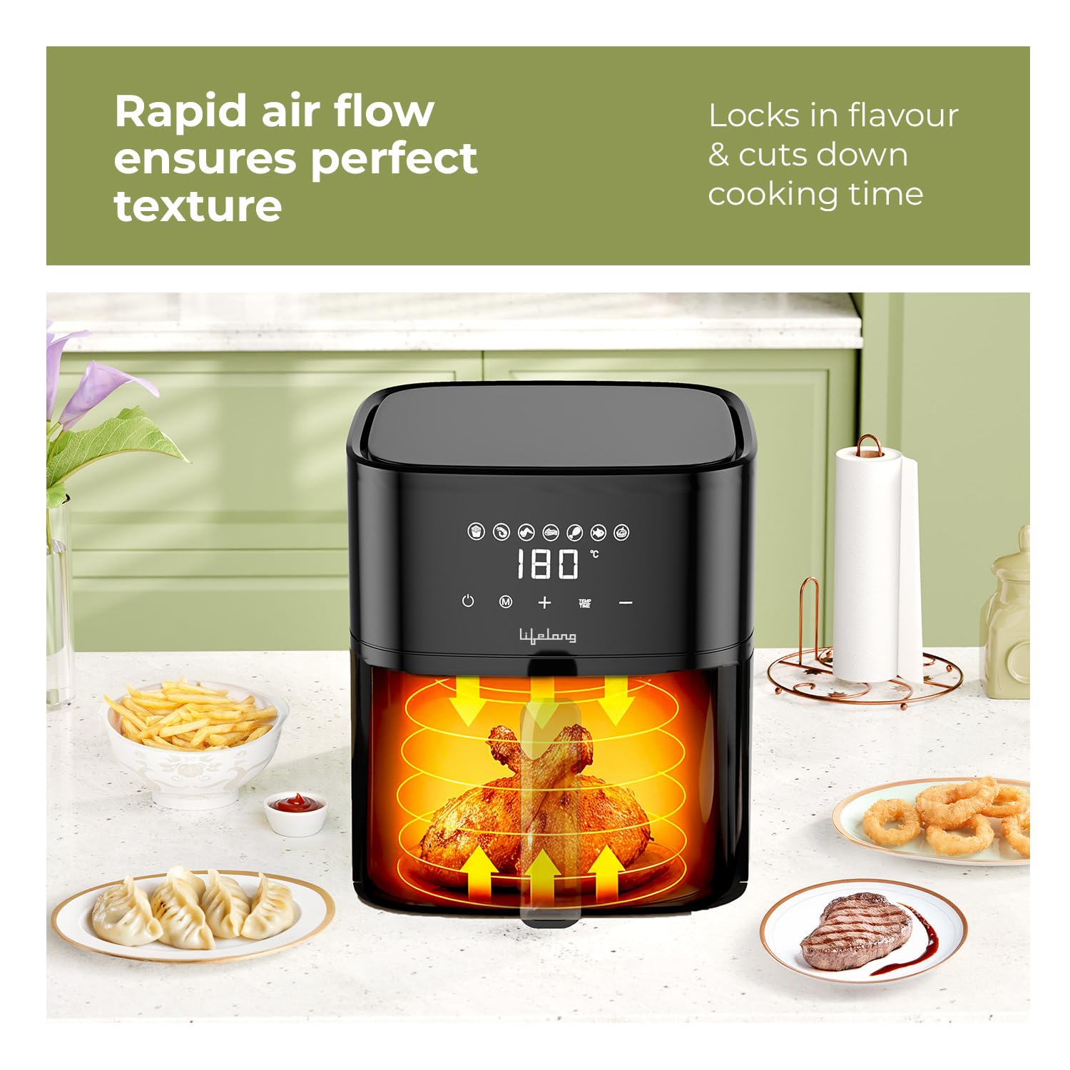 Lifelong 4.2 Litre Digital Air Fryer | Detachable Handle, Touch Control & Non-Stick Basket