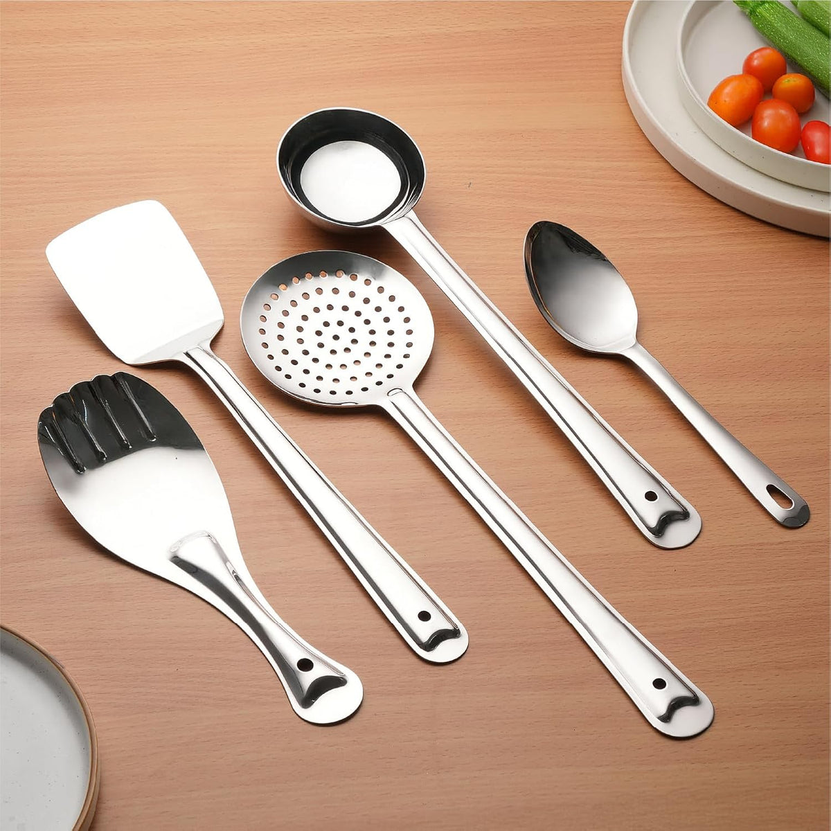 Lifelong Stainless Steel Cooking Utensils Set – 5 Piece Serving Spoon Set for Kitchen with Ladle, Skimmer, Spatula, Basting and Rice Spoon – Kitchen Utensil Set for Daily Use (LLCTKT05, Silver)