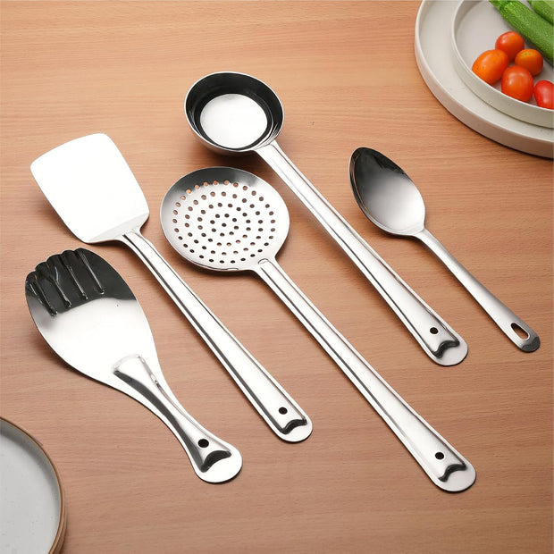 Lifelong Stainless Steel Cooking Utensils Set â€“ 5 Piece Serving Spoon Set for Kitchen with Ladle, Skimmer, Spatula, Basting and Rice Spoon â€“ Kitchen Utensil Set for Daily Use (LLCTKT05, Silver)