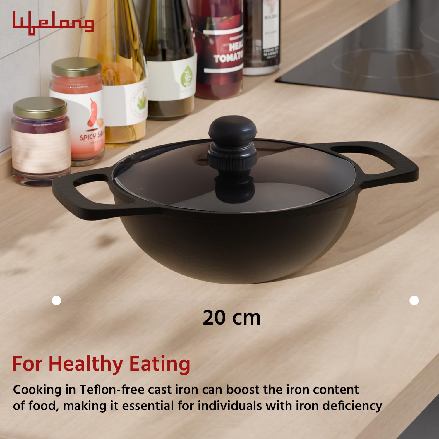 Lifelong Cast Iron Kadhai 20cm with Glass Lid & Spatula | Pre-Seasoned, Durable
