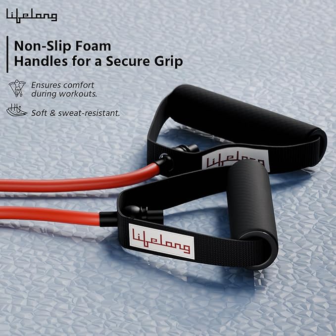 Lifelong Resistance Tube – 10KG Light Resistance, Foam Grip Exercise Band with Door Anchor (Red)
