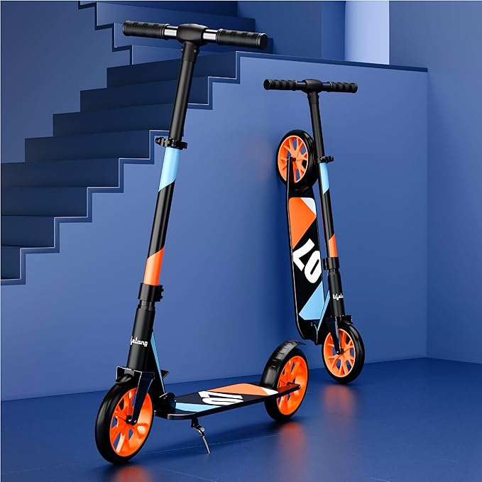Lifelong Adult Kick Scooter – Adjustable Height, Lightweight Aluminium Frame, Foldable Design for Outdoor Riding (Black & Orange)