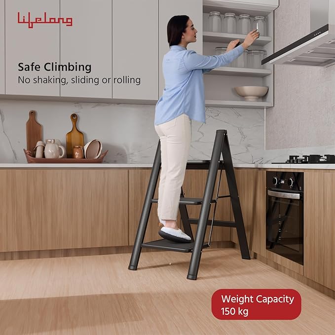 Lifelong 3-Step Steel Ladder – Foldable & Portable Multipurpose Stool with 150Kg Capacity for Home, Kitchen