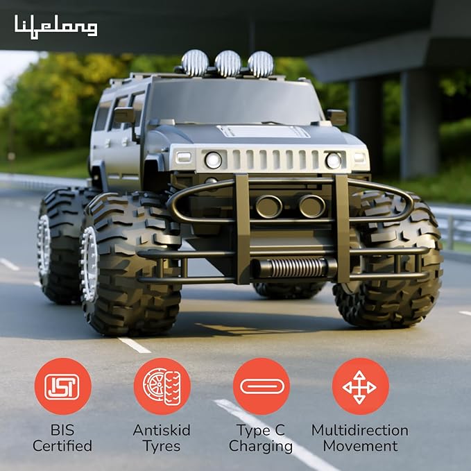 Lifelong Cuppy Remote Control Car for Kids – 2.4GHz High-Speed RC Monster SUV with Turbo Mode, LED Lights, Type-C Rechargeable Battery, Anti-Skid Tyres, BIS Certified