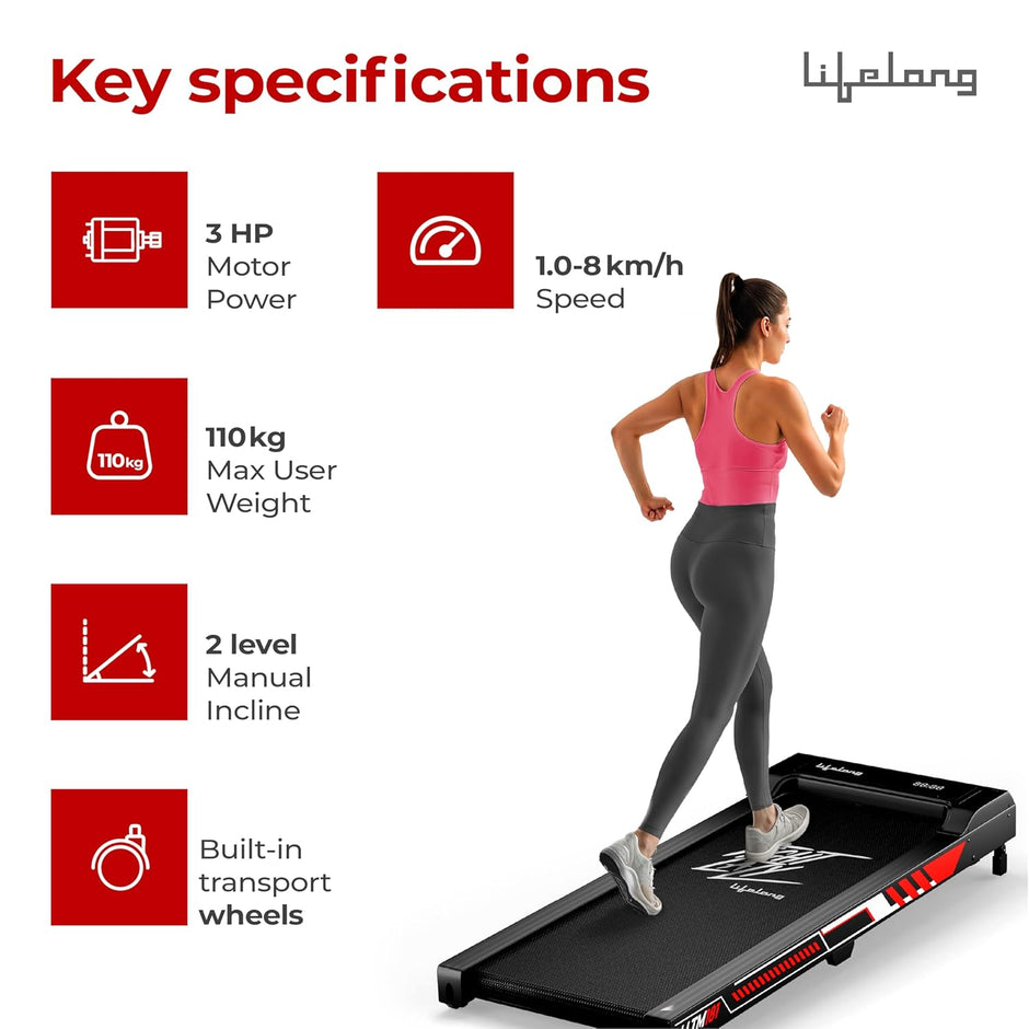 Walking Pad Treadmill – 3HP Motor, 2-Level Incline, Foldable Design, 8Km/h (LLTM181, Black)