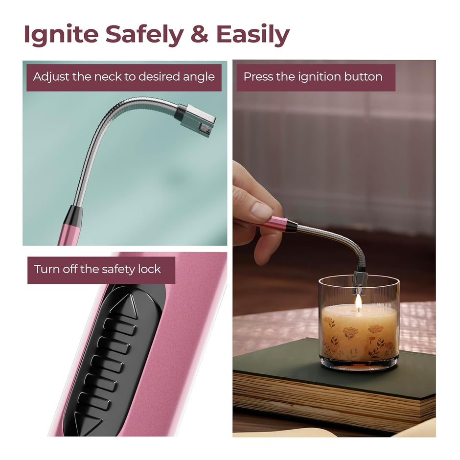 Lifelong Rechargeable Electric Lighter for Kitchen | 360Â° Flexible | C-Type USB | Windproof & Flameless | Lighter for Pooja Room, Candles, BBQ, Multi-Purpose | Stainless Steel & ABS (Pink)