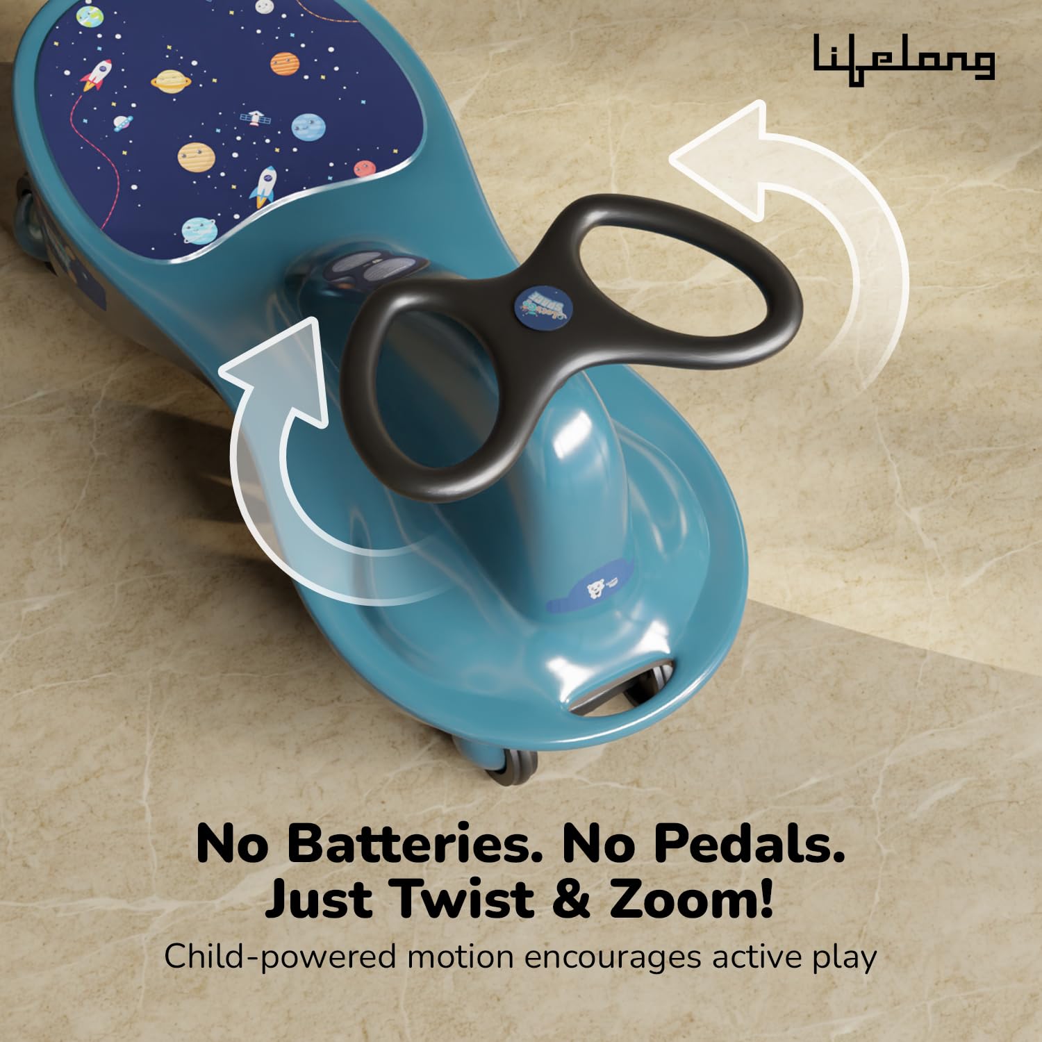 Lifelong Cuppy Swing Car for Kids (2–5 Years) – Twist & Turn Ride-On Toy, Sturdy Push Ride with 50kg+ Capacity, Indoor & Outdoor Use, DIY Sticker