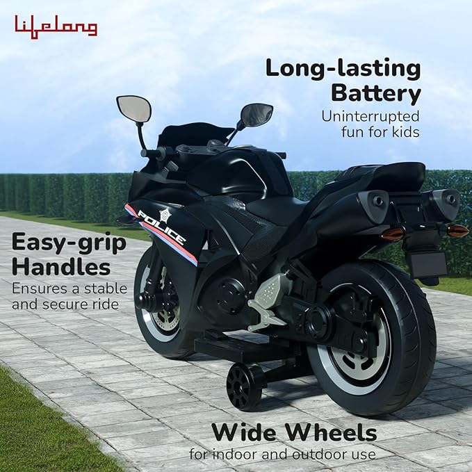 Lifelong Cuppy Electric Ride-On Police R3 Bike for Kids | 2+ Years Battery Bike with LED Lights, Music Panel, Bluetooth & Balance Wheels | Supports Up to 50kg