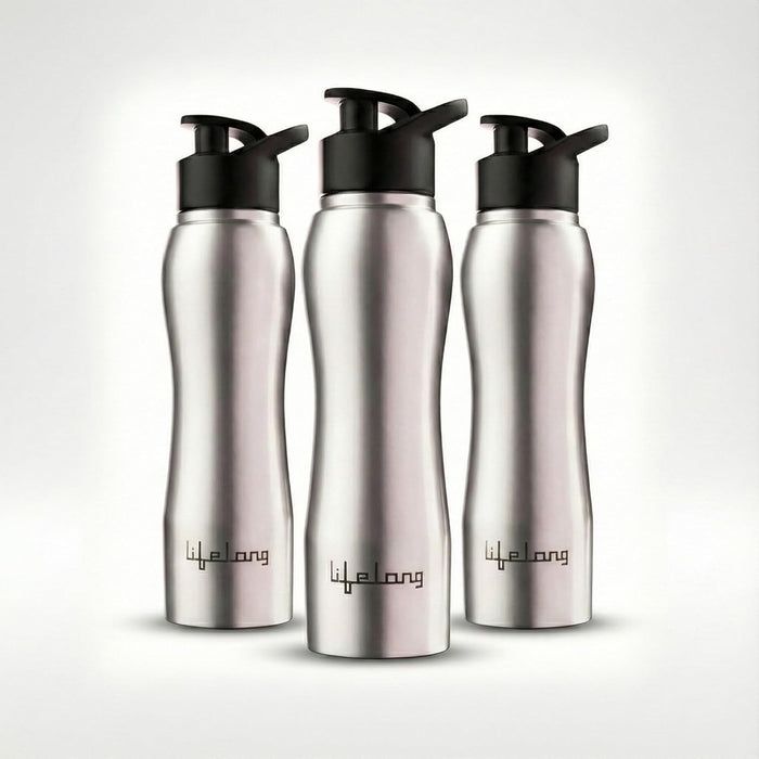 Lifelong 750ml Stainless Steel Water Bottle Pack of 3 | Leak-Proof & Durable | Easy to Clean | Odour-Free | Rust-Free Build, Secure Cap & Easy Grip | Ideal for School, Office, Travel & Gym (Silver)