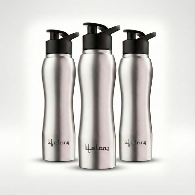 Lifelong 750ml Stainless Steel Water Bottle Pack of 3 | Leak-Proof & Durable | Easy to Clean | Odour-Free | Rust-Free Build, Secure Cap & Easy Grip | Ideal for School, Office, Travel & Gym (Silver)