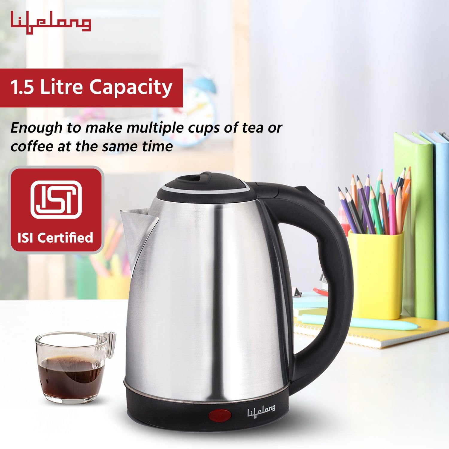 Electric Kettle 1.5L with Stainless Steel Body, Easy and Fast Boiling of Water for Instant Noodles, Soup, Tea etc.