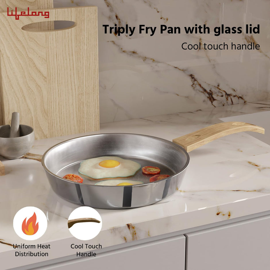Lifelong Triply Fry Pan with Glass Lid for Cooking | Stainless Steel 20 cm | 1 Litre