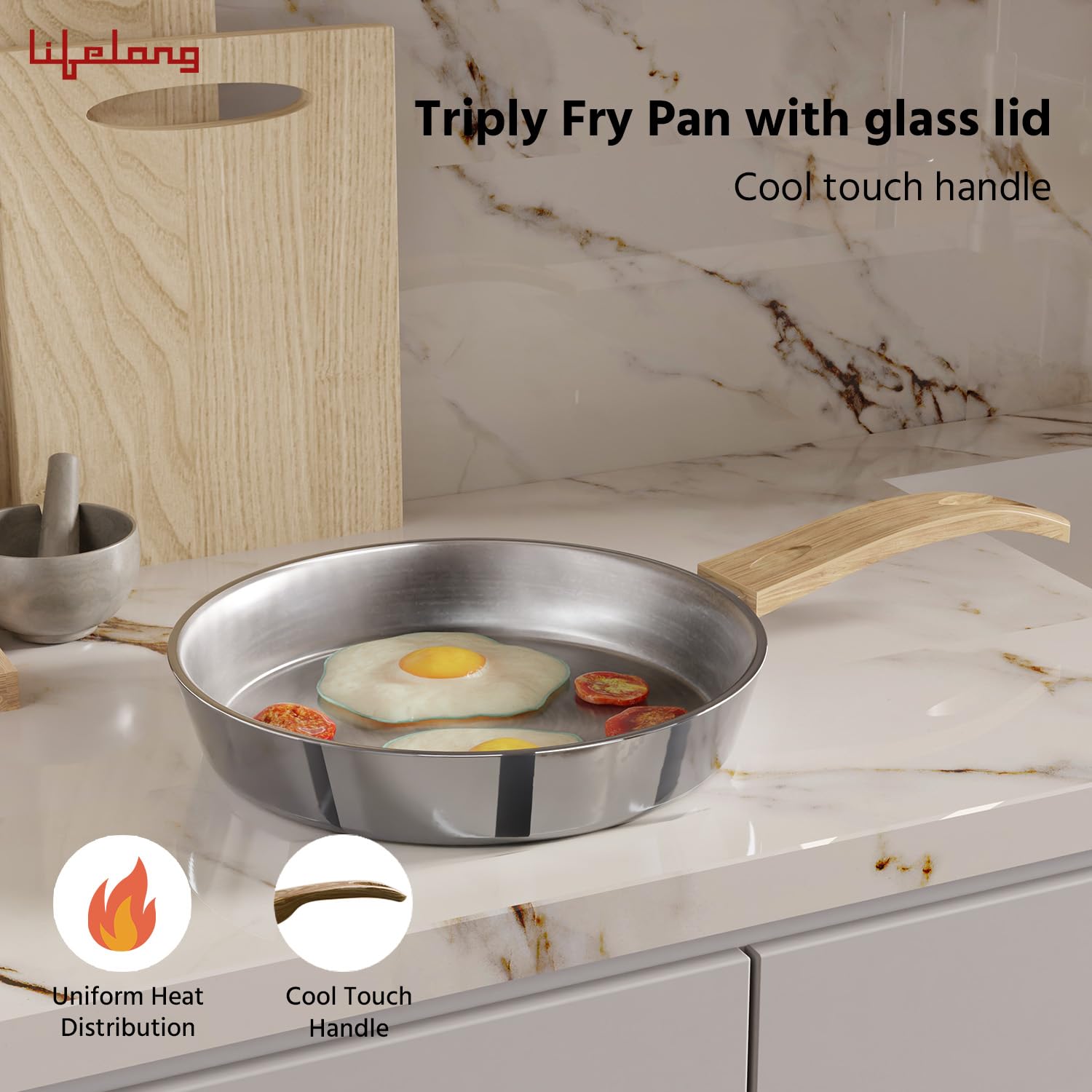Lifelong Triply Fry Pan with Glass Lid for Cooking | Stainless Steel 20 cm | 1 Litre
