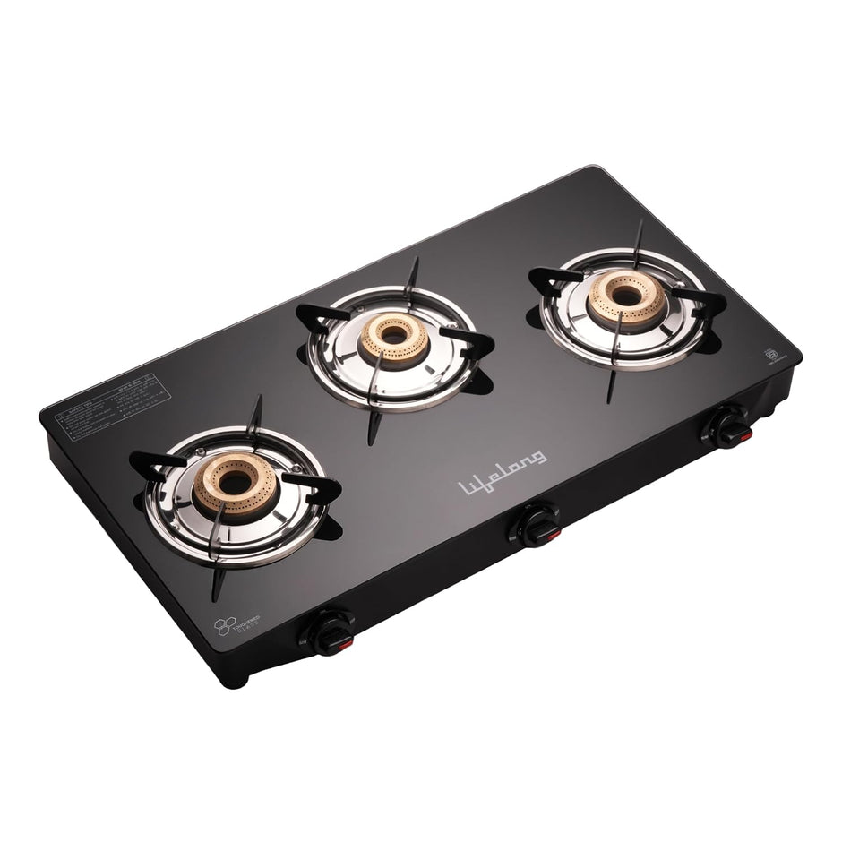 Lifelong 3 Burner Gas Stove Brass Burner Manual Ignition Cooktop Modern Glass Stove for Modular Kitchen