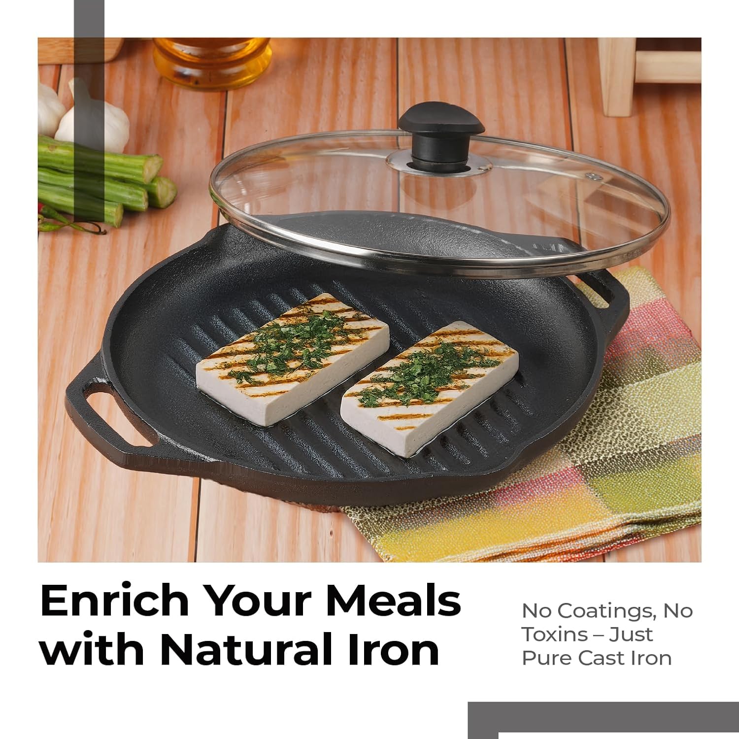 Lifelong Cast Iron Grill Pan with Glass Lid & Wooden Spatula | 2Litre | Induction & Gas Stove Compatible |Non-Toxic Cookware,Non-Stick & Teflon Free | Durable for Easy Cooking & Cleaning(LLCIGP010GL)
