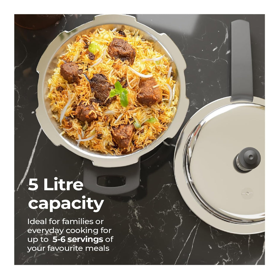 Lifelong Stainless Steel Pressure Cooker – 5 Liters, ISI Certified Outer Lid, Induction & Gas Compatible, Lock System, 5 Year Warranty (Silver)